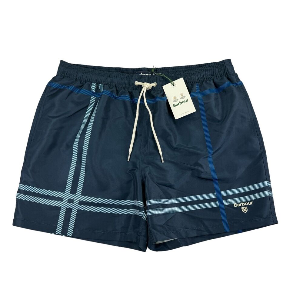Barbour Mens Blaine Plaid Logo Swim Trunks Shorts Blue 2XL